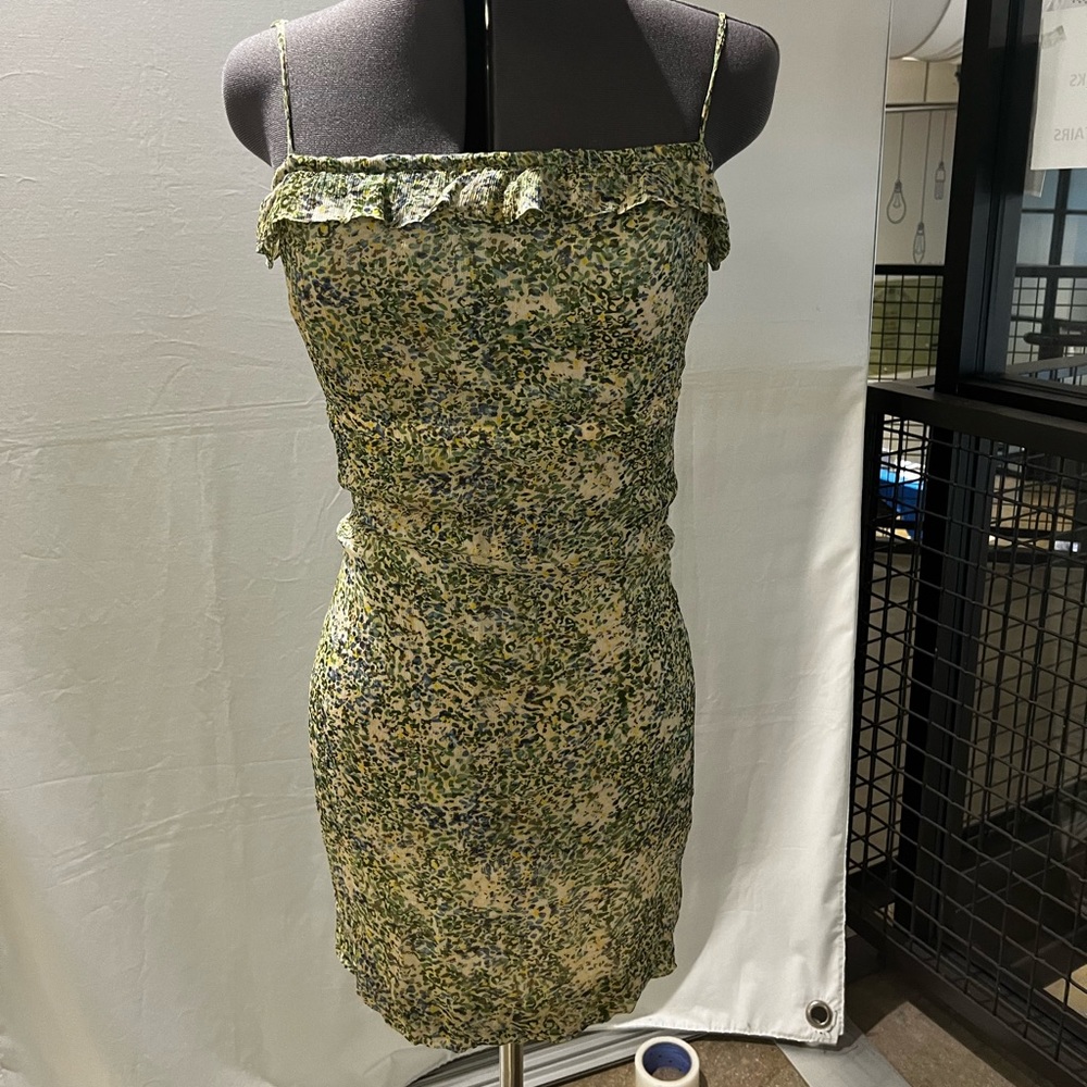 J. Crew Mini Dress, green cream print, spaghetti strap, silk lined!